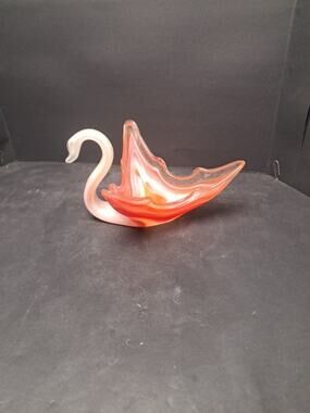 🦢🦢 Vintage Mid Century 9" Swan Trinket Candy Bowl Swirled Glass Decor 🦢🦢